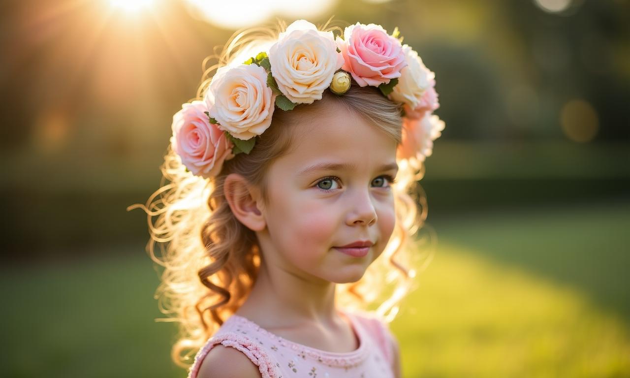 Bambina con coroncina di fiori fatta a mano