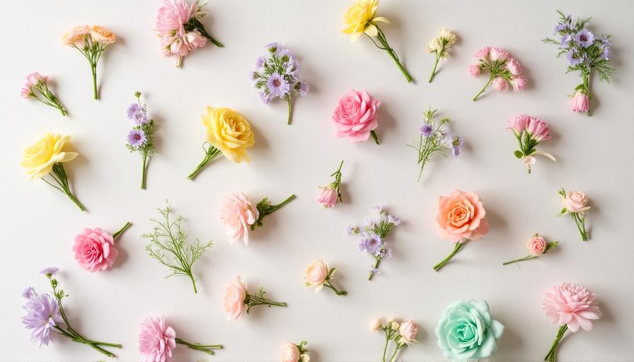Dettagli di vari accessori floreali in tonalità pastello