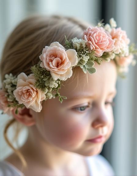 Coroncina di fiori artigianale nei toni del rosa e crema