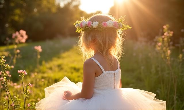 Bambina in abito da cerimonia con accessori floreali
