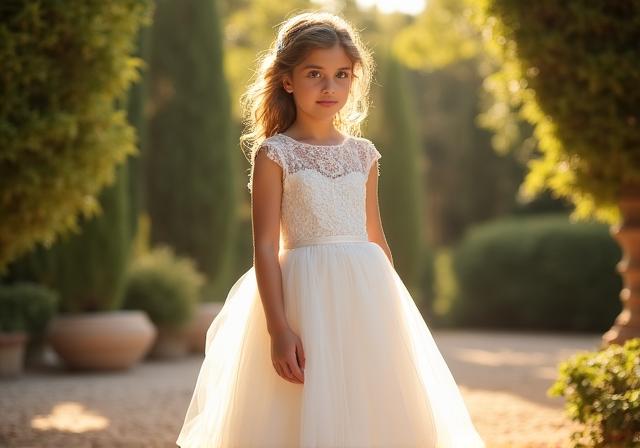 Bambina in abito bianco da cerimonia in un giardino italiano