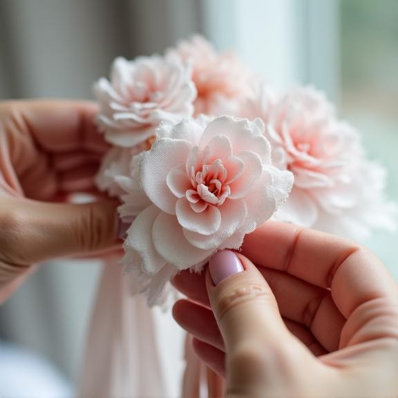 Dettaglio mani artigiane che creano accessori floreali