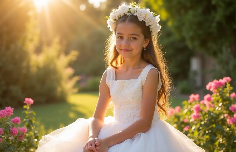 Bambina con abito elegante da comunione in un giardino romano