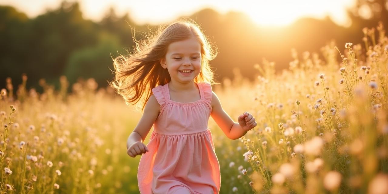 Bambina che indossa un abito di cotone organico in un campo fiorito