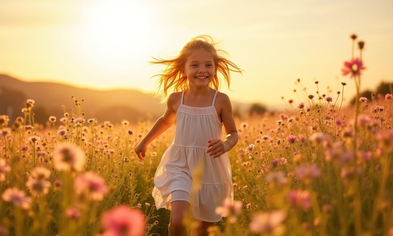 Bambina in un campo di fiori con abito estivo leggero