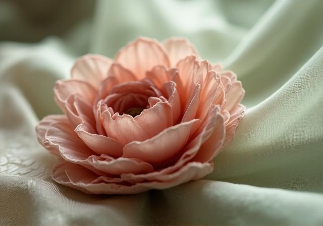 Un dettaglio di tessuti pregiati e fiori fatti a mano in un atelier romano
